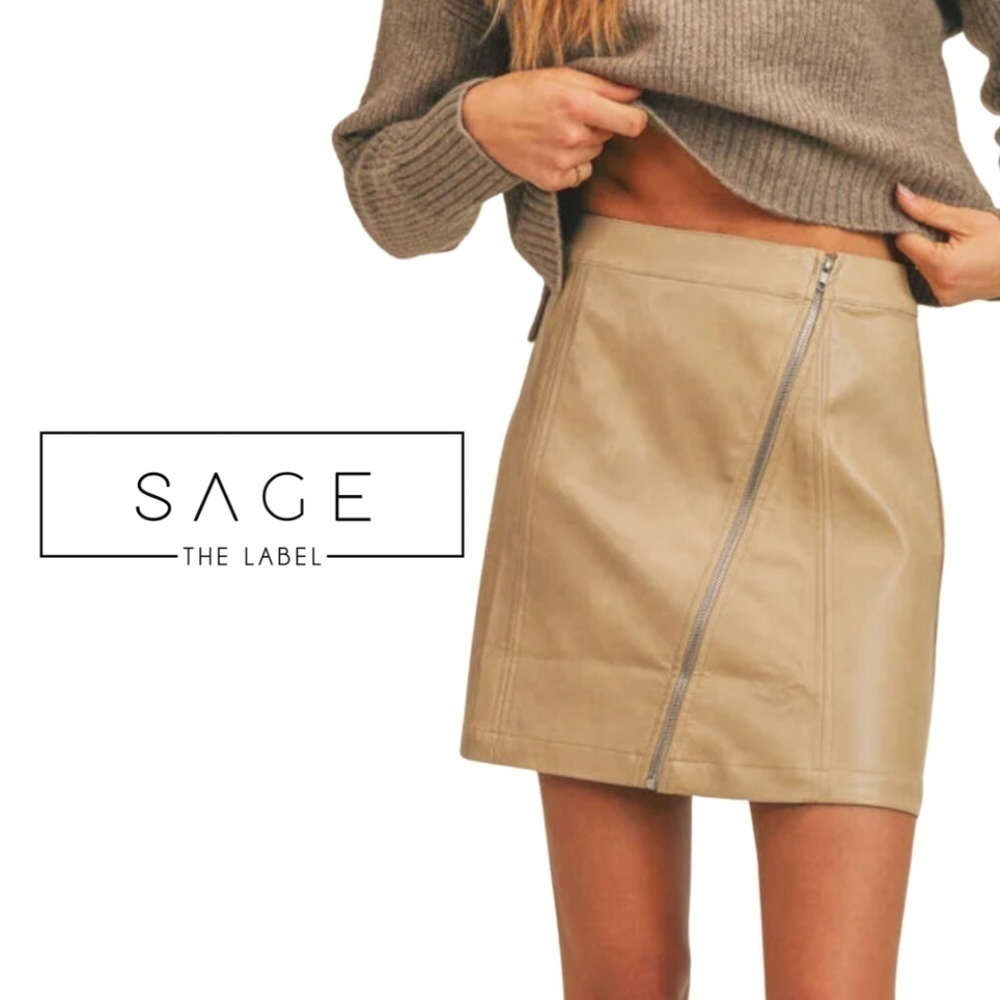Anthropologie Sage The Label Bowie Faux Leather Mini Skirt - Taupe - Size Small